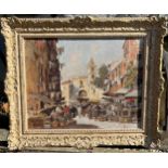 Oil on board of Continental townscape in ornate gilt frame signed indistinctly L.R. 38 x 48cm.