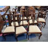 Ten mahogany dining chairs including 2 carvers with drop in seats and cabriole legs to front. (TABLE