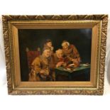 Oil on canvas depicting four monks enjoying reading a book by E. Nunn, measuring 69cm w x 51cm h,