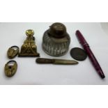 Miscellany to include; Osmiroid pen, Cartwheel penny, inkwell with jockey cap, bookmark, brass