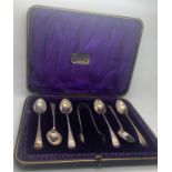 Boxed silver teaspoons and tongs Sheffield 1901 Joseph Rodgers & Sons. 92.5gm.Condition ReportGood