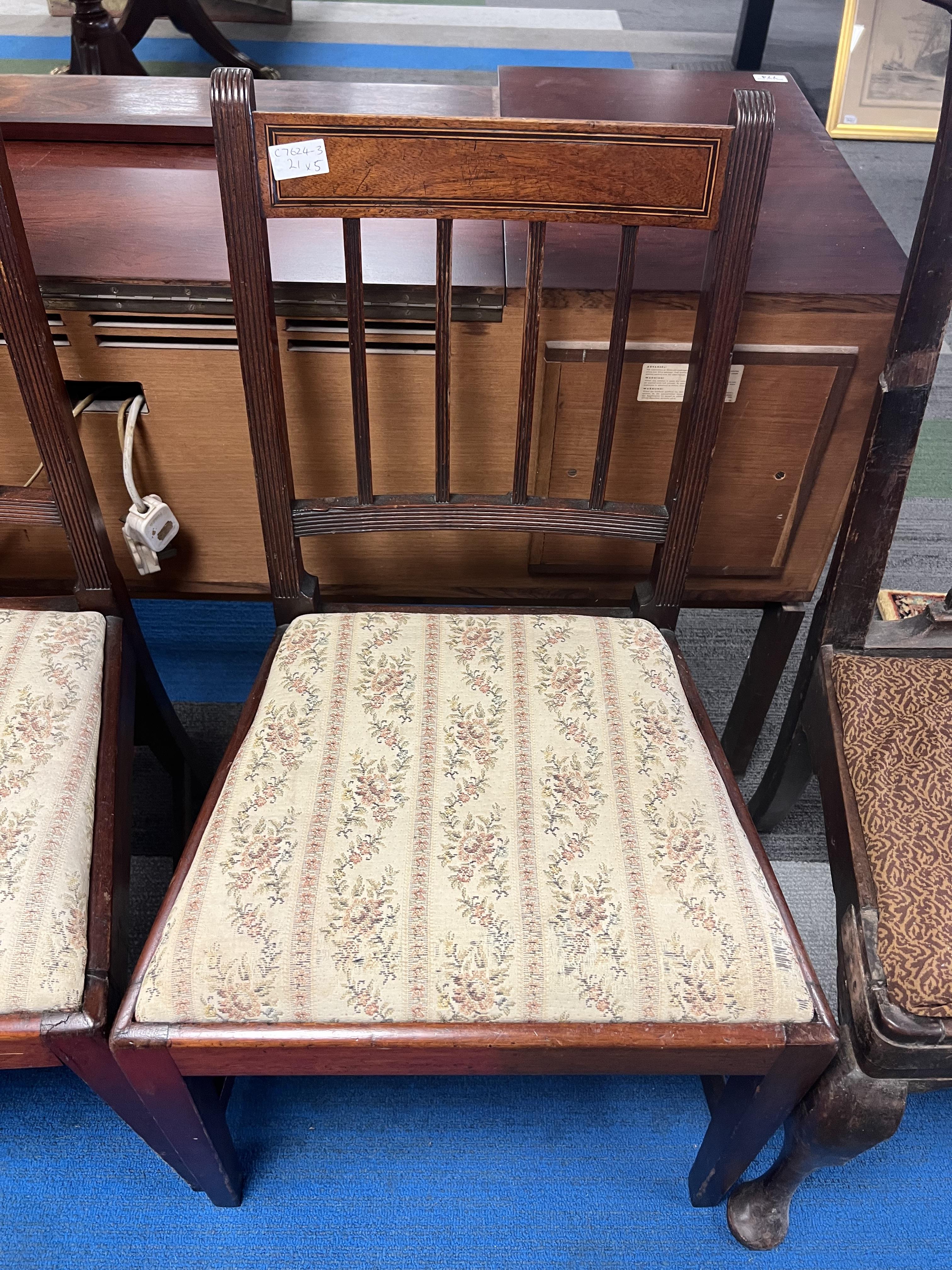 A set of 3 mahogany square taper leg chairs with inlaid stretcher and drop in seats, one slat back - Image 3 of 3
