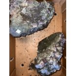 Two large pieces of Amethyst Crystal Rock one measuring 24cms w x 27cms l x 17cms h and the other