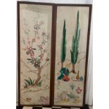 Two oak framed wool work embroidered panels. Panels 154 x 48cm.Condition ReportGood condition.