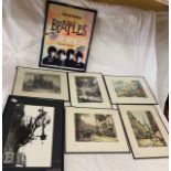 Vintage prints and a metal Beatles sign together with cigarette card album and various cards.