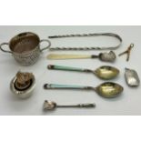 Miscellaneous silver etc to include 2 enamel and silver spoons, Birmingham 1918; Georgian silver and