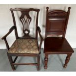 Two 19thC chairs, one hall chair and one carver chair with drop in seat.Condition ReportOne with