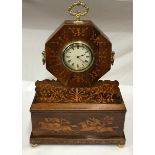Mahogany inlaid French style mantel clock 53cms h, 36cms w, max 15.5cms d. JF on movement. Has two