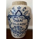 Blue and white Delft pottery jar 'Tabac D'olande' 23.5cm h.Condition ReportRepair to neck and