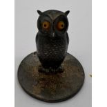 A silver novelty owl menu card holder with orange glass eyes by Sampson Mordan & Co Reg 433091