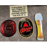 A collection of modern metal pub signs to include Bass, Erdinger, Verdett and a plastic tobacco