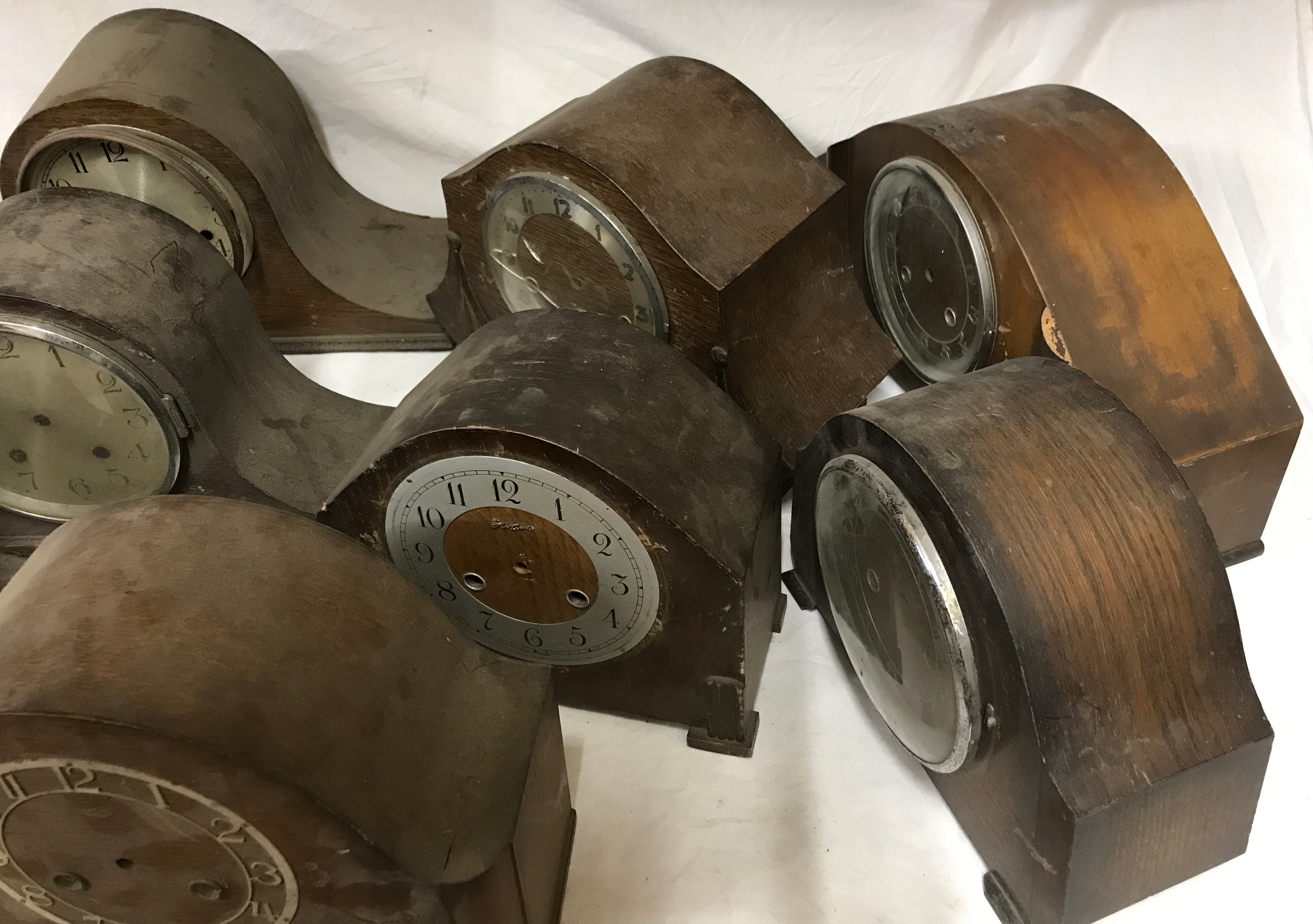 Eleven wooden mantel clock cases. Spares/repairs.Condition ReportAge related wear missing parts, - Image 3 of 3
