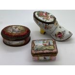 Three 19thC Continental enamel boxes to include shoe, oval red ground 6.5 x 4.5cm with five