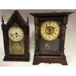 Two mantel clocks one Jerome & Co American clock, Gothic style, roman numerals 39cms h, max base