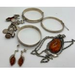 Jewellery to include amber pendant and earrings marked .925, 2 silver hallmarked bangles, 1 unmarked