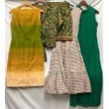 A selection of vintage clothing to include long green evening dress, striped green and red cotton
