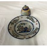 Oriental earthenware plate A/F 23cm d and ceramic ink well 9.5cms h, 9cm dCondition ReportPlate