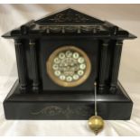 French black slate mantel clock 30.5cms h x 36cms w, 14.5cms deep.Condition ReportHas pendulum, no