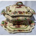 Masons Strathmore pattern, soup tureen, stand and ladle.Condition ReportGood condition, crazing to
