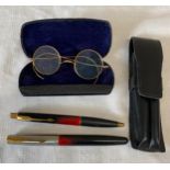 A pair of vintage gilt metal spectacles marked 'foreign' in original case together with a Parker