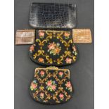 Vintage handbags and purses.Condition ReportOne needlework bag lacking chain, black leather bag with