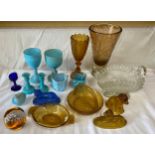 A Collection of Victorian pressed glass to include blue 2 x goblets 15.5cms h, woven basket dish,