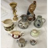 A mixed lot of ceramics to include a eagle on wooden stand 30cms h, 6 x jugs by Portmeirion, Crown