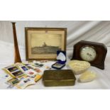 A miscellany to include an 8 day mantle clock, made in France (ticking) framed photograph of H.M.S