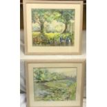 Mimi Claughton, pair of large framed watercolour paintings, Kingcups on Leven Canal and untitled