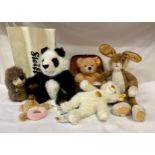 Seven Steiff soft toys to include 3 with labels: 111471 Flynn, 022739 26 Weiss, 064296 Mansohli