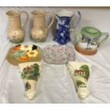 A ceramic selection to include: pair Royal Winton wall vases, pair of Melba Springtime jugs 21cm,