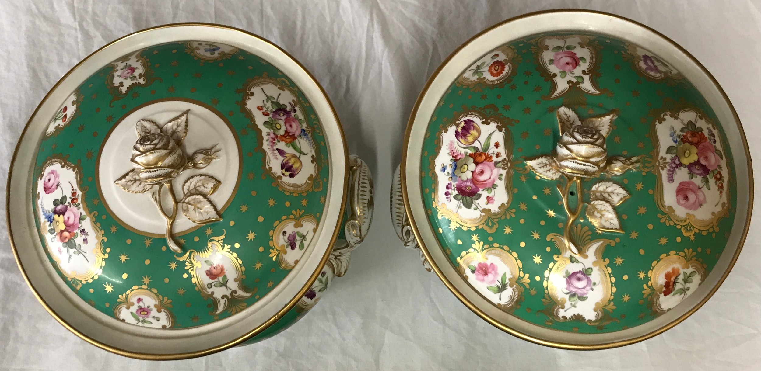 A pair of large 19thC continental ice pails with floral panels on a emerald green and gold - Image 2 of 6