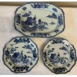 Three 18thC Chinese Blue and White plates. Largest one 33cm x 24cm. (3)Condition ReportHairline