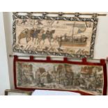Two wall hangings in the style of Bayeux tapestry including border 60cm h x 133cm, French scene 57cm