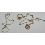 Various 9ct gold to include chain with heart pendant, chain and coffee bean ring. Total weight 2.