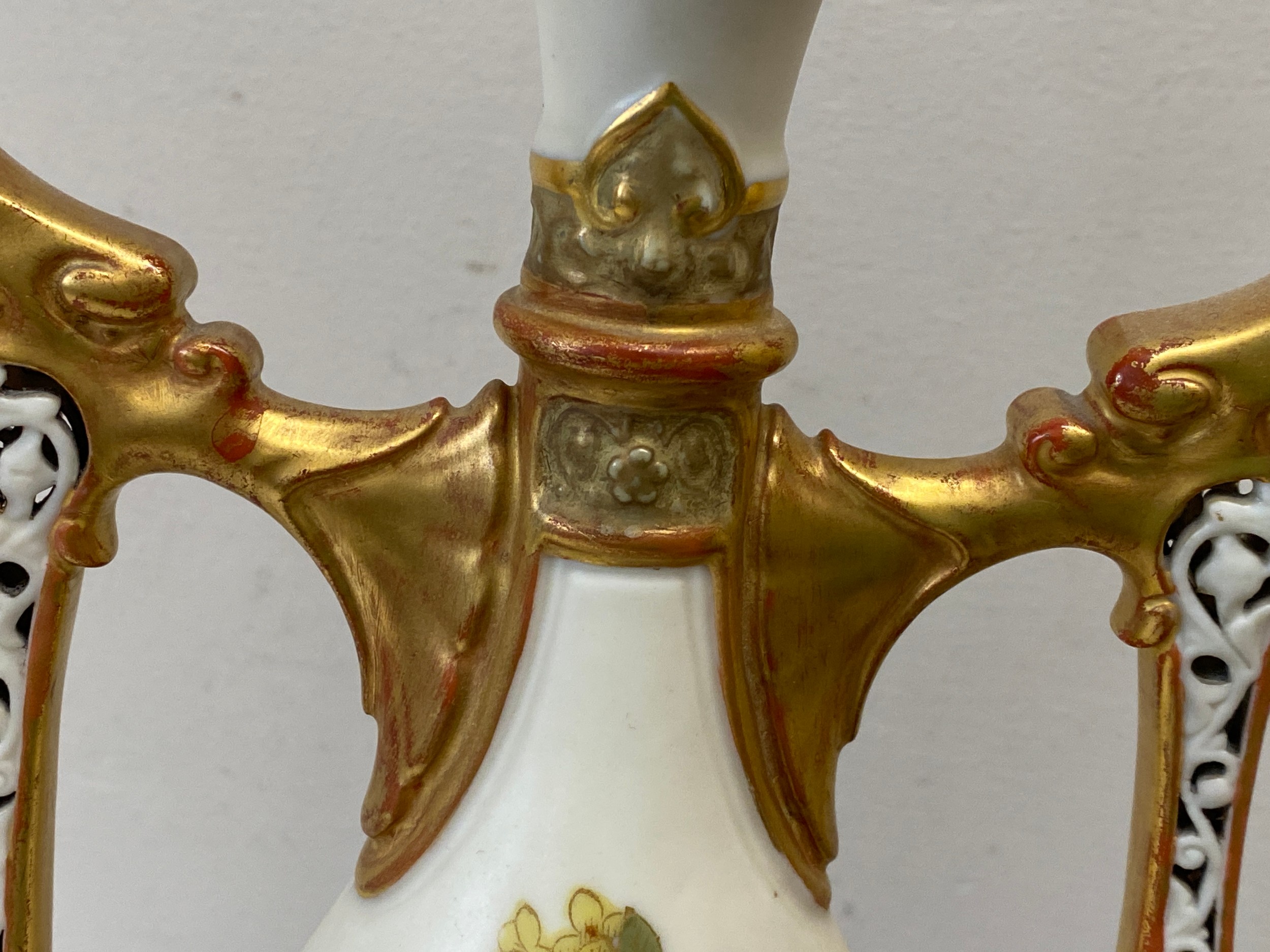 A Royal Worcester lidded vase with floral decoration and pierced dragon headed handles. 41cms. - Image 8 of 8