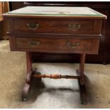 A mahogany 2 drawer side table on castors with decorative side supports and brass columns. 67 w x 55