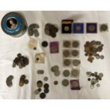 Collection of coins to include 29 silver three pences, 2 pre 1947 shillings (51 grams), 10 1977