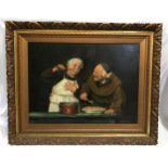 Oil on canvas depicting two monks preparing a meal by E. Nunn 1902, measuring 69cm w x 51cm h.