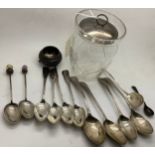 Silver teaspoons, silver lidded jam pot and white metal salt, various dates and marks, total