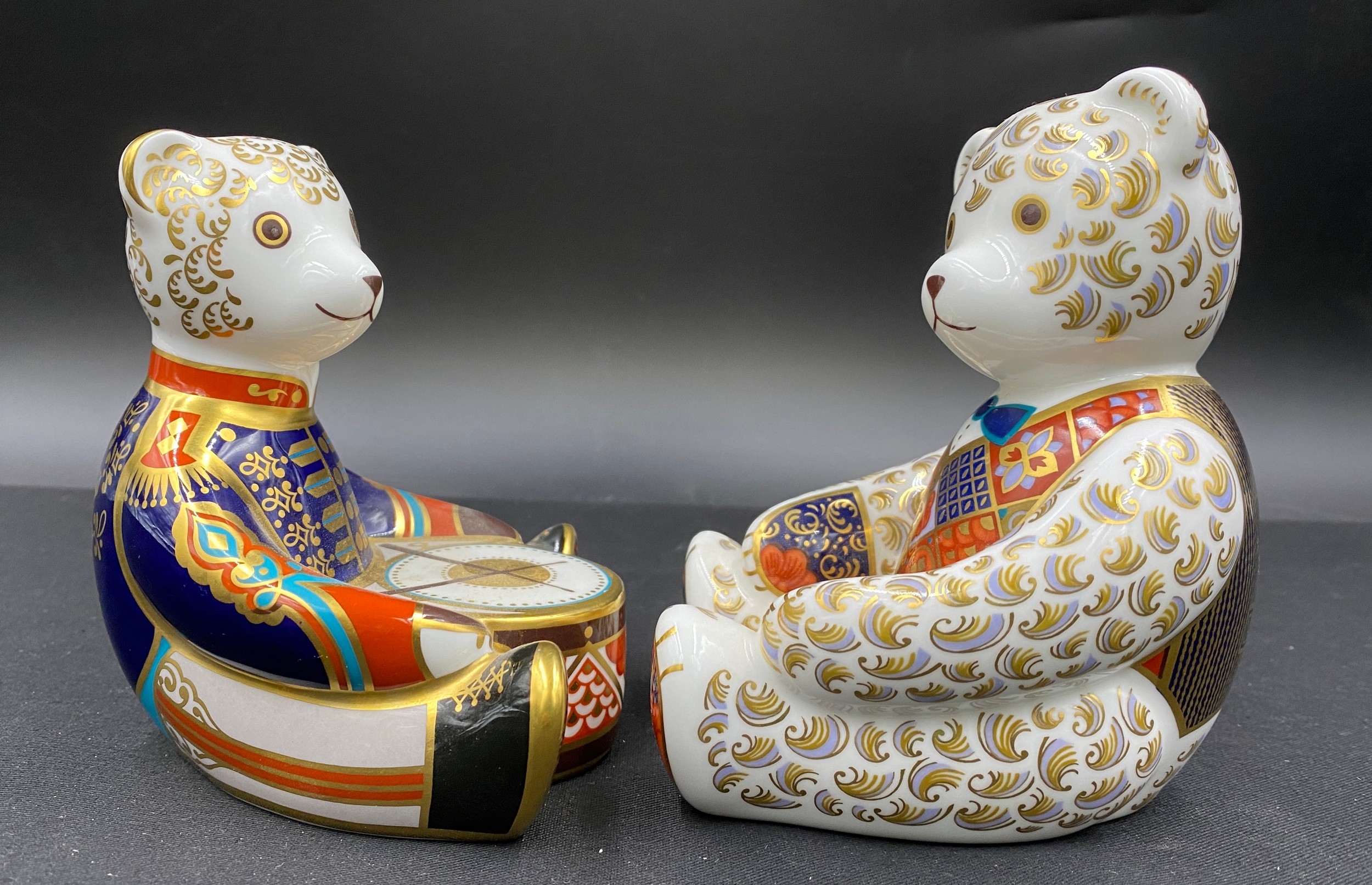 Two Royal Crown Derby Teddy Bears; Drummer Bear with gold coloured stopper 10cm h and Bear with blue - Image 2 of 3
