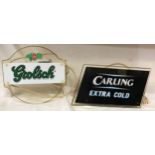 Pub bar light up advertising displays, Grolsch 26 h x 28cm w and Carling Extra Cold 19h x 35cm w.