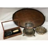 Mahogany Inlaid Tray 59cms l x 40cms w with two brass handles, silver plated wine cooler with