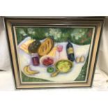 A framed oil painting on canvas signed Mary Batchelor upper left, Picnic on the Grass, picture