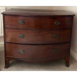 A 19thC mahogany 3 height bow fronted chest of drawers on bracket feet, replacement handles. 103 w x