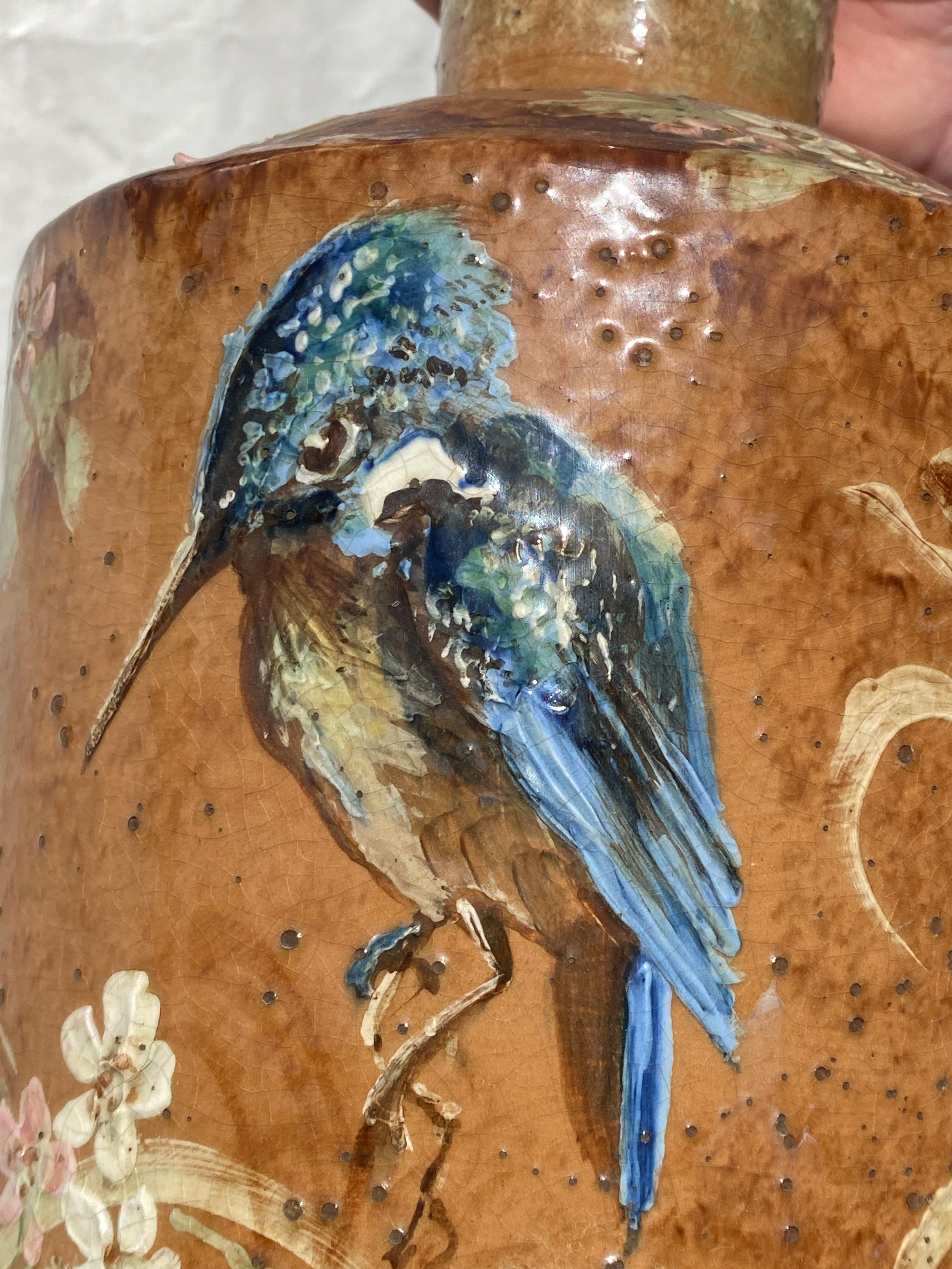 A tall 19thC glazed vase depicting kingfisher and floral decoration. 77cm h.Condition ReportPitting - Image 3 of 4