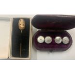 Boxed buttons, mother of pearl and seed pearl together with cameo pin.Condition ReportPin box a/f.