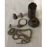 Hallmarked silver and white metal to include chain and two fobs and other items.