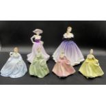 Six fine bone china figurines comprising Coalport Ladies of Fashion 'Demetria' 19cm h, Coalport '