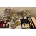 A quantity of silver plated ware to include boxed cutlery, Art Nouveau glass dish on stand, tea